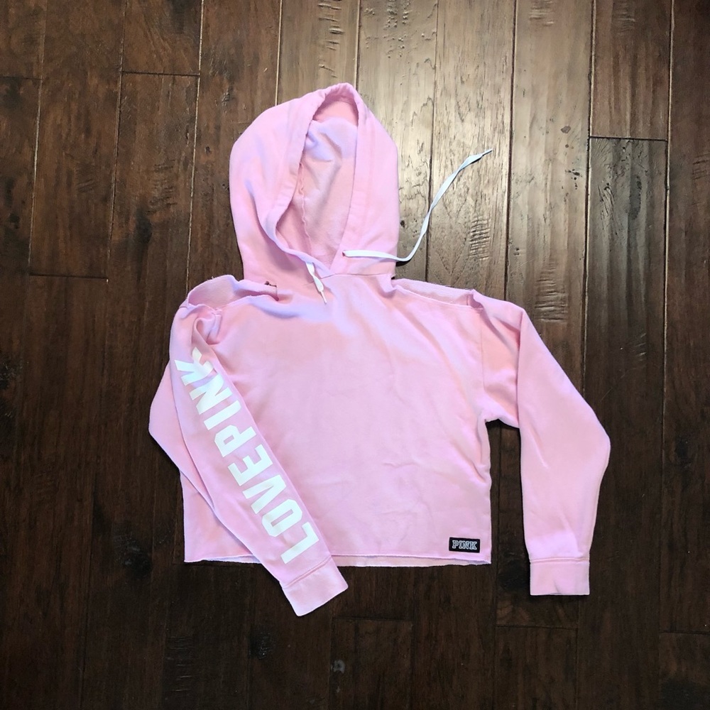 Pink Cold Shoulder Cropped Hoodie